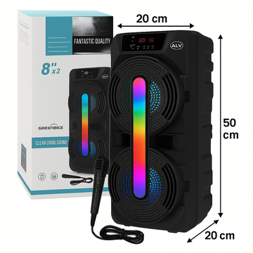 Boxa Portabila Bluetooth, 50 Cm inaltime, 2x 15w RMS, Difuzoare Mari 8 INCH, Acumulator Reincarcabil, Jocuri de lumini + BONUS 1x Microfon pentru Karaoke
