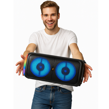 Boxa portabila Bluetooth cu Acumulator Incorporata, 2x10W PMPO, efecte luminoase, 2 difuzoare HDQ, dimensiuni 50x22x22 cm, sunet clar si puternic + BONUS microfon inclus pentru karaoke