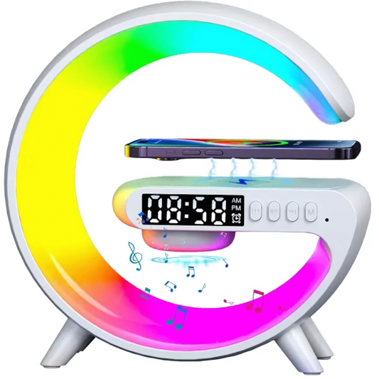 Boxa Portabila 4 în 1 cu LED RGB, Ceas, Incarcare Wireless, Lumina de Veghe si Radio FM – Bluetooth, USB, AUX