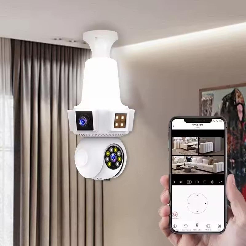Camera Supraveghere WiFi Smart cu 3 Obiective, Soclu E27, Full HD 1080P, Vedere Panoramica 360°, Viziune Nocturna IR, Audio Bidirectional, Instalare ca un Bec