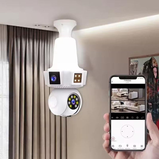 Camera Supraveghere WiFi Smart cu 3 Obiective, Soclu E27, Full HD 1080P, Vedere Panoramica 360°, Viziune Nocturna IR, Audio Bidirectional, Instalare ca un Bec