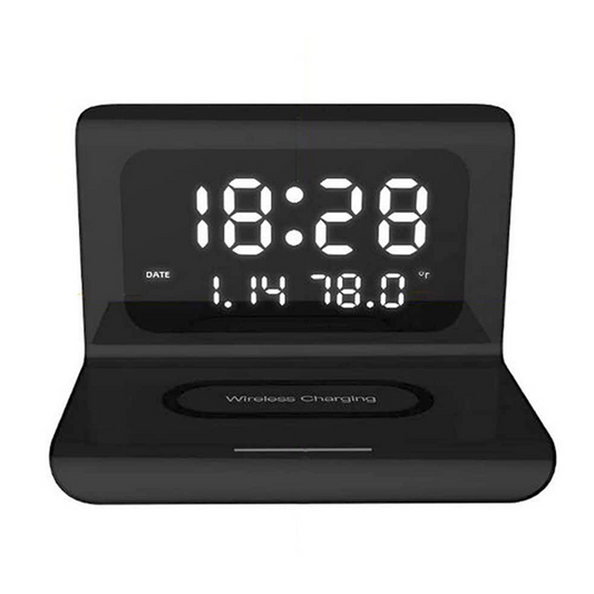 Ceas digital cu alarma si statie incarcare wireless rapida, model DigitalStation, afisaj LED ora, data si temperatura
