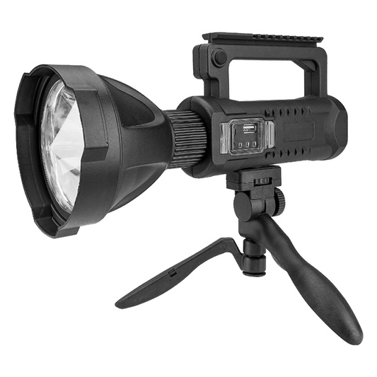 Lanterna LED reincarcabila cu functie incarcator, 4 moduri de iluminare si trepied inclus, ideala pentru camping si lucru in exterior