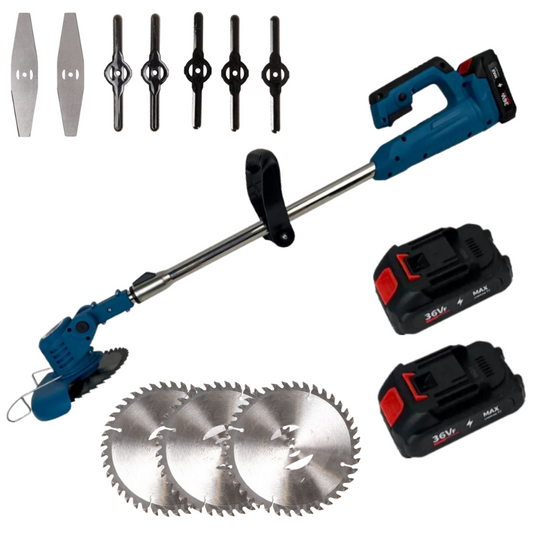 Motocoasa electrica 36V cu 2 acumulatori Li-Ion, 3 discuri de taiere, 7 lame interschimbabile, incarcator rapid inclus