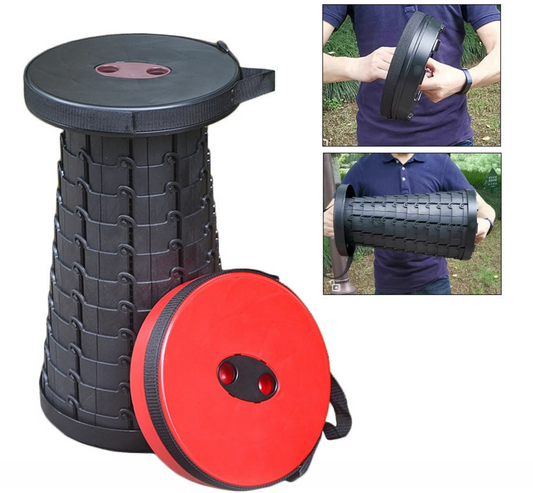 Scaun rotund portabil, pliabil telescopic, retractabil si extensibil pentru camping sau calatorii