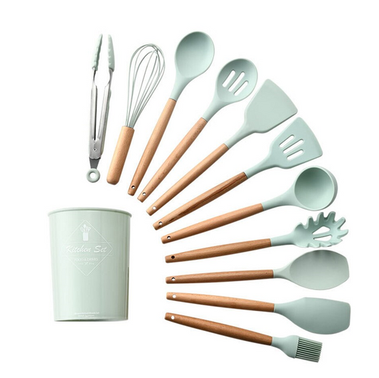 Set 12 ustensile de bucatarie din silicon cu maner din lemn, design ergonomic