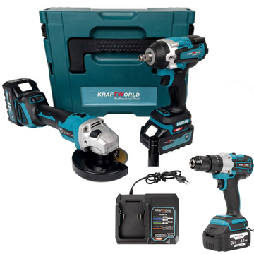 Set 3 piese scule electrice 36V cu 2 acumulatori 8Ah: Bormasina cu Impact + Flex unghiular + Autofiletanta cu Percutie, putere ridicata pentru lucrari profesionale