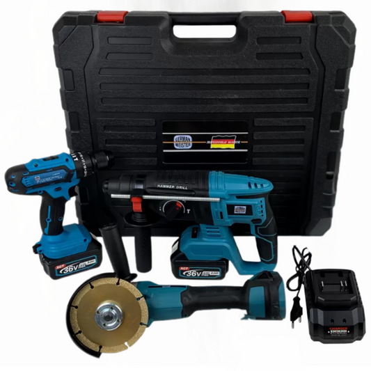 Set Profesional 3 Scule Electrice cu 2 Acumulatori 36V 8Ah, Ciocan Rotopercutor + Flex + Autofiletanta cu Percutie