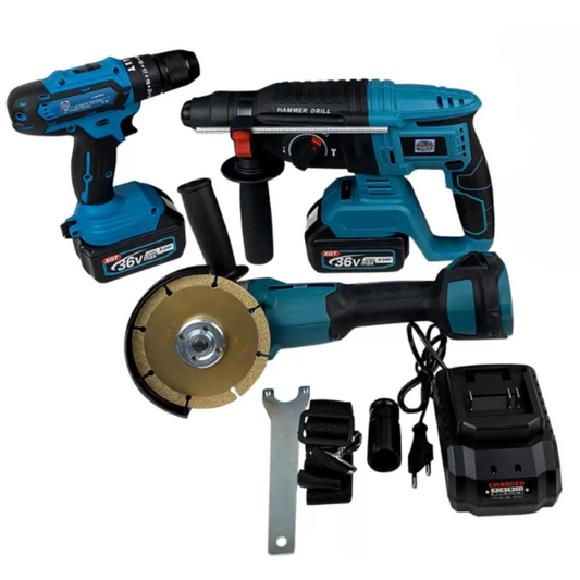 Set Profesional 3 Scule Electrice cu 2 Acumulatori 36V 8Ah, Ciocan Rotopercutor + Flex + Autofiletanta cu Percutie