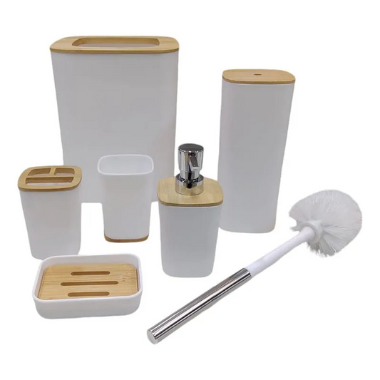 Set Baie 6 Piese Alb cu Lemn – Suport Sapun, Dozator, Perie, Cos Gunoi