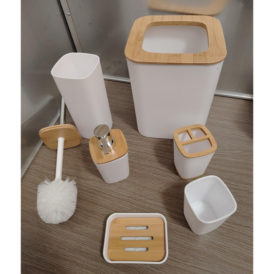 Set Baie 6 Piese Alb cu Lemn – Suport Sapun, Dozator, Perie, Cos Gunoi