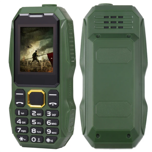 Telefon militar Dual SIM cu carcasa antisoc, acumulator 5800mAh, lanterna, radio FM si slot SIM, ideal pentru activitati outdoor si utilizare intensa