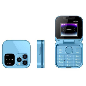 Telefon mobil mini dual SIM, ecran dublu, butoane mari, lanterna, camera, albastru