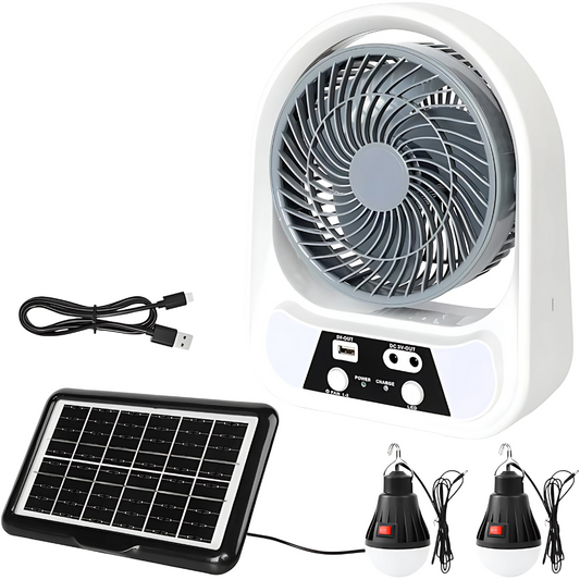 Ventilator de Masa cu Incarcare Solara si Powerbank, 8 Inch, 2 Becuri LED, USB, Portabil ABS, Alb Gri