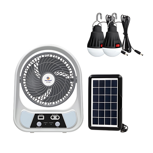 Ventilator de Masa cu Incarcare Solara si Powerbank, 8 Inch, 2 Becuri LED, USB, Portabil ABS, Alb Gri